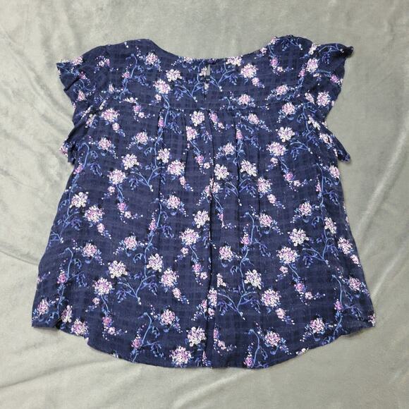 Roebuck & Co Shirt Women Large Blouse Blue Floral Sleeve Button Keyhole Back Top - Picture 11 of 12